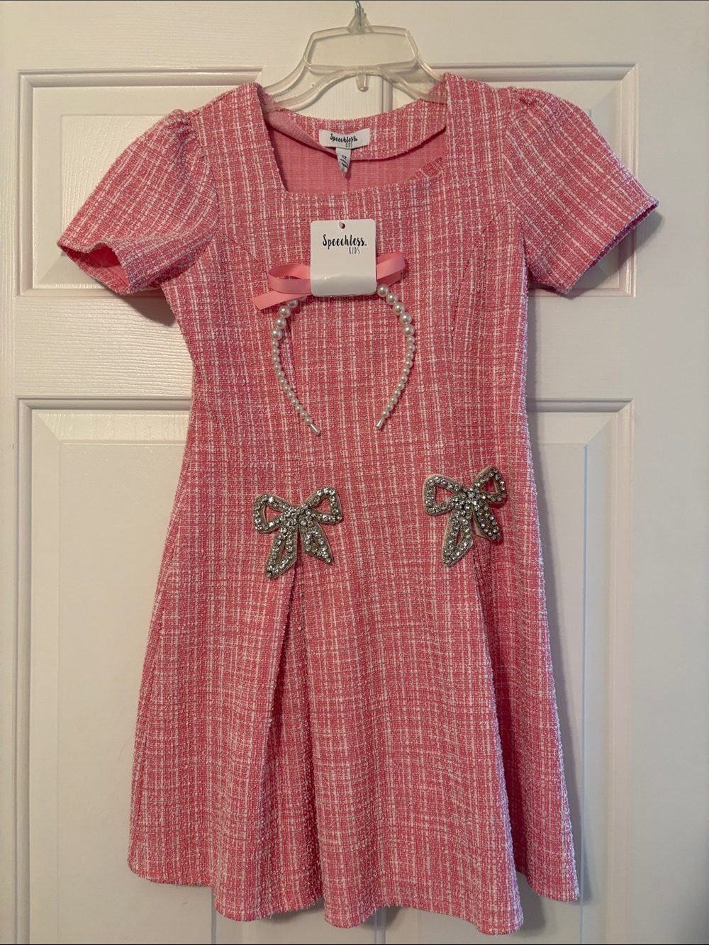 Speechless Pink Tweed A-Line Dress with Crystal Bow Accents